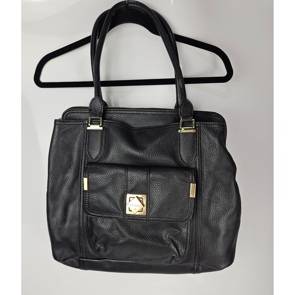 Steve Madden Black Pebbled Leather Tote Bag Gold Hardware‎ Top Zip Pocket